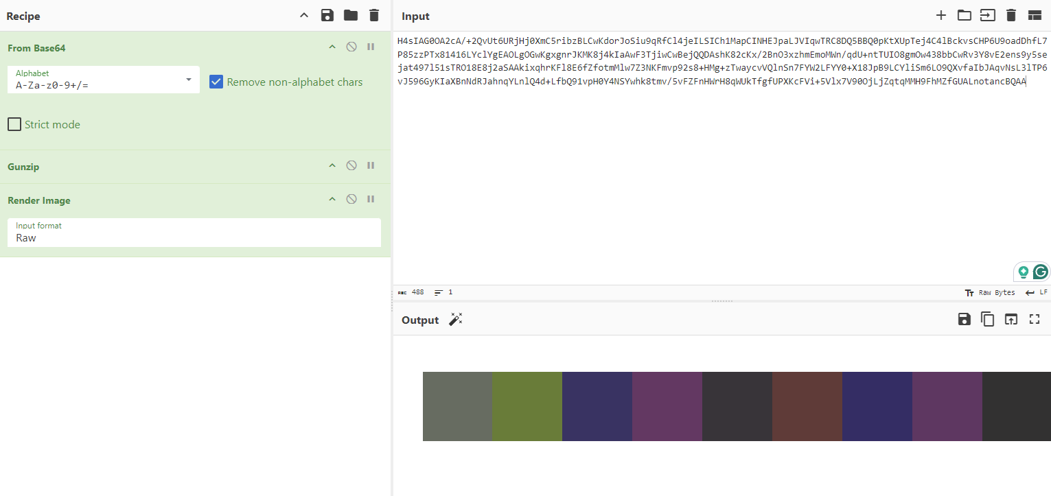 cyberchef screenshot with “from base64”, “gunzip”, and “render image”