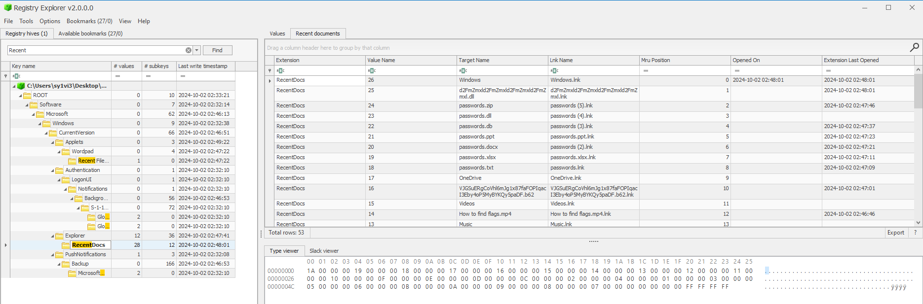 screenshot showing registry explorer.exe and several recent files