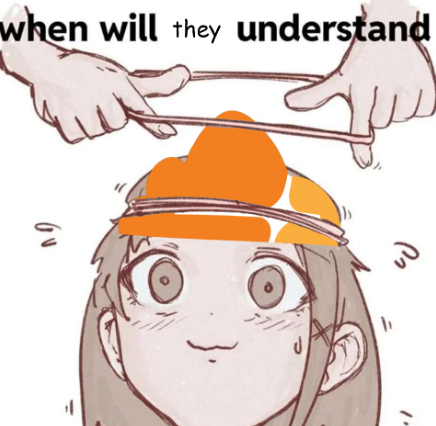 girl with a cloudflare hat with rubber bands around her head, with the caption “when will they understand”