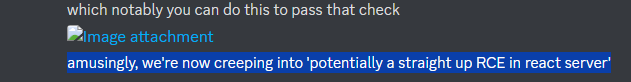 discord screenshot suggesting the possibility of RCE in react server