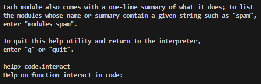 calling the help console and finding code.interact